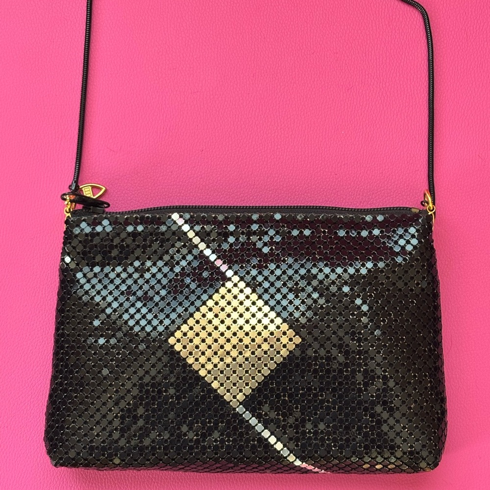 Vtg Purse Black Mesh Metal Disco 70's Funk Gold Silver Tone Chain Strap 9”x 5"